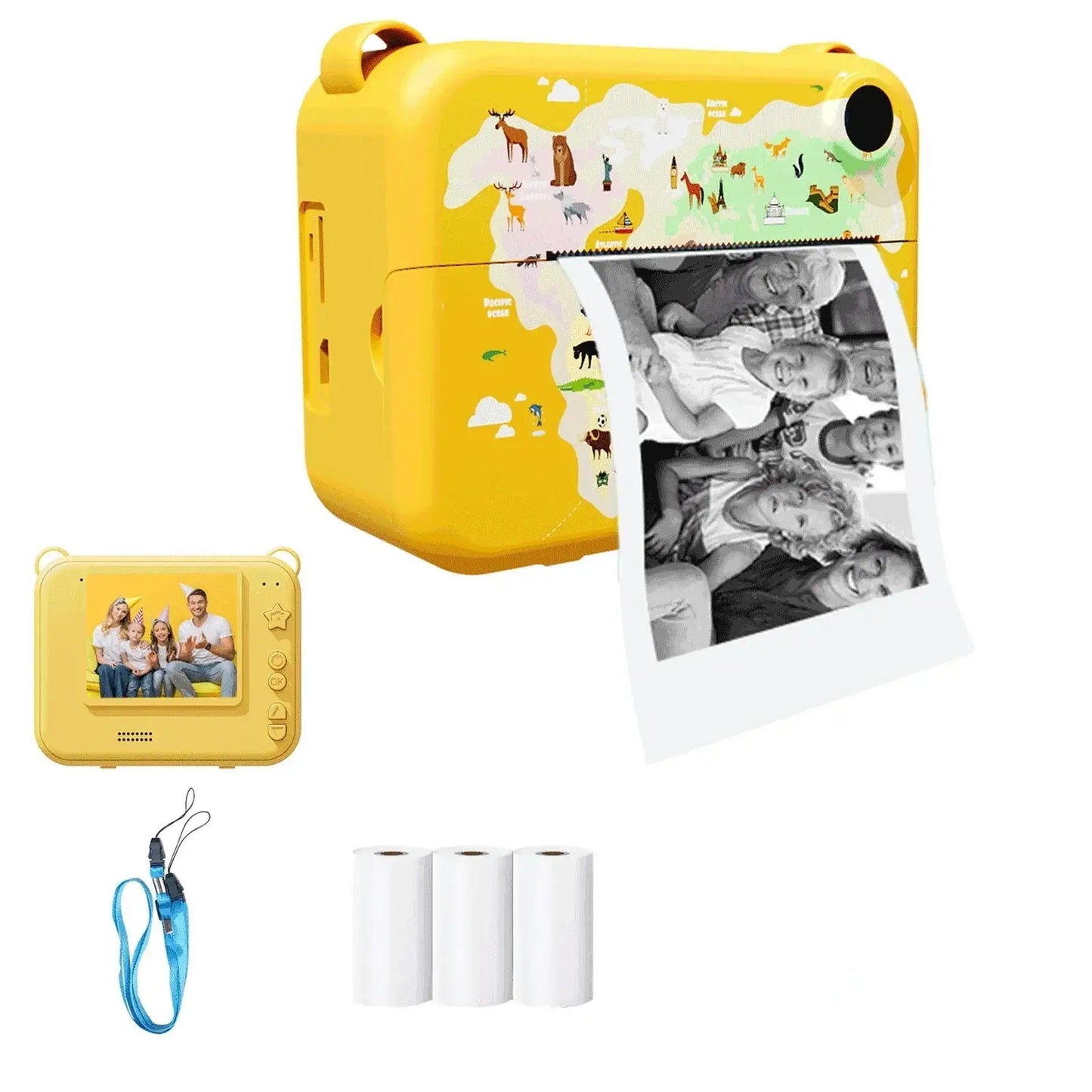 Digital children's camera with mini thermal printer, printing black and white photos, ideal for kids' educational gifts.