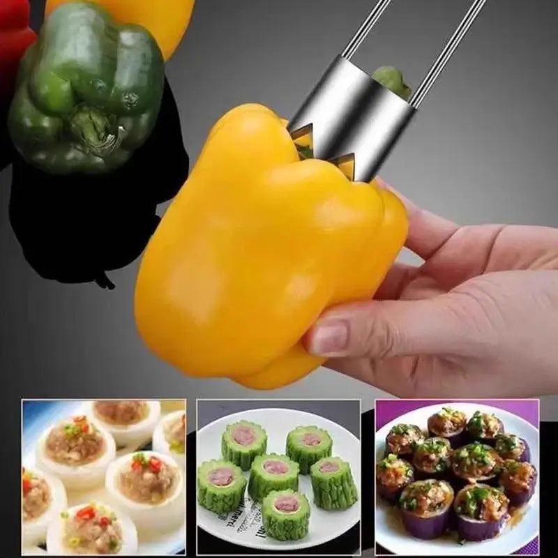 Stainless steel fruit core remover extracting core from a yellow bell pepper with various stuffed vegetable dishes displayed.