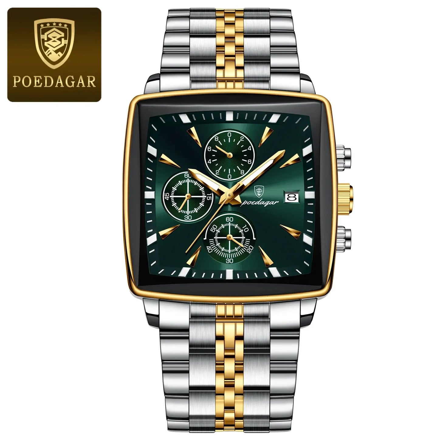 POEDAGAR luxury square sport wristwatch with green dial, luminous features, and stainless steel band for men.