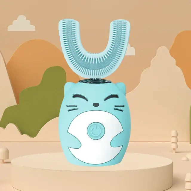 Kids U-shaped Sonic toothbrush in blue with playful cat design for effective teeth whitening and fun brushing.