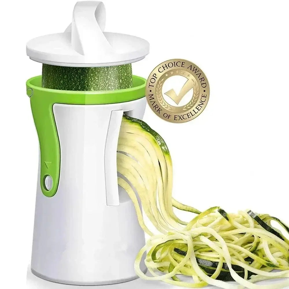 Heavy duty spiralizer vegetable slicer with zucchini noodles flowing out, showcasing its award-winning design and ease of use.