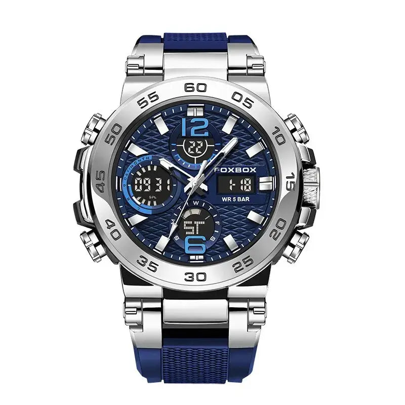 FOXBOX men's luxury sport watch with blue dial, stainless steel case, and luminous hands, suitable for outdoor activities.