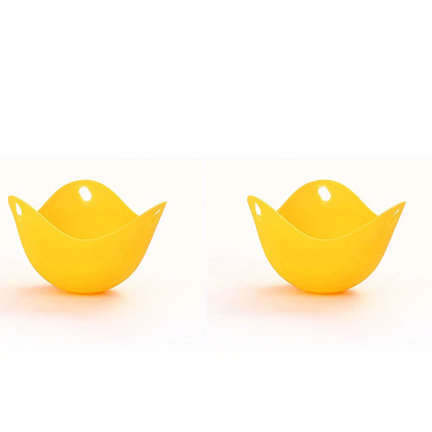 Yellow silicone egg poacher cups for microwave, air fryer, stovetop cooking, perfect for easy egg preparation.