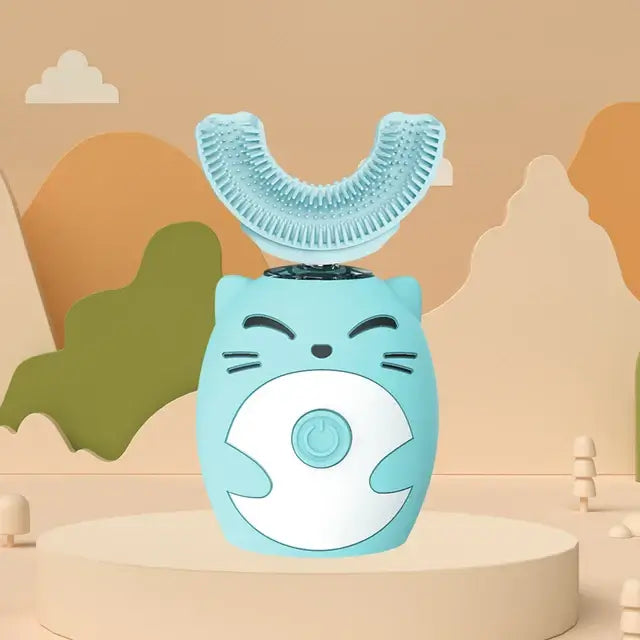 Kids U-shaped Sonic Electric Toothbrush in cute cartoon design, waterproof and made from food grade silicone.