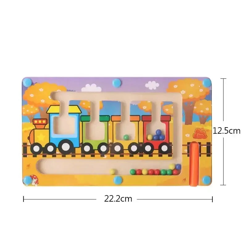 Wooden magnetic maze toy with colorful train design for children's education and development, featuring color and number matching.
