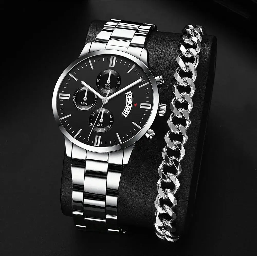 Stylish men's stainless steel luxury quartz watch with calendar, displayed alongside a sleek silver chain bracelet.