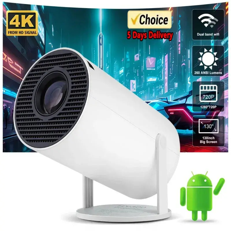 4K Android 11 projector with dual WiFi6, 200 ANSI lumens, 720P resolution, ideal for home cinema with fast 5-day delivery.