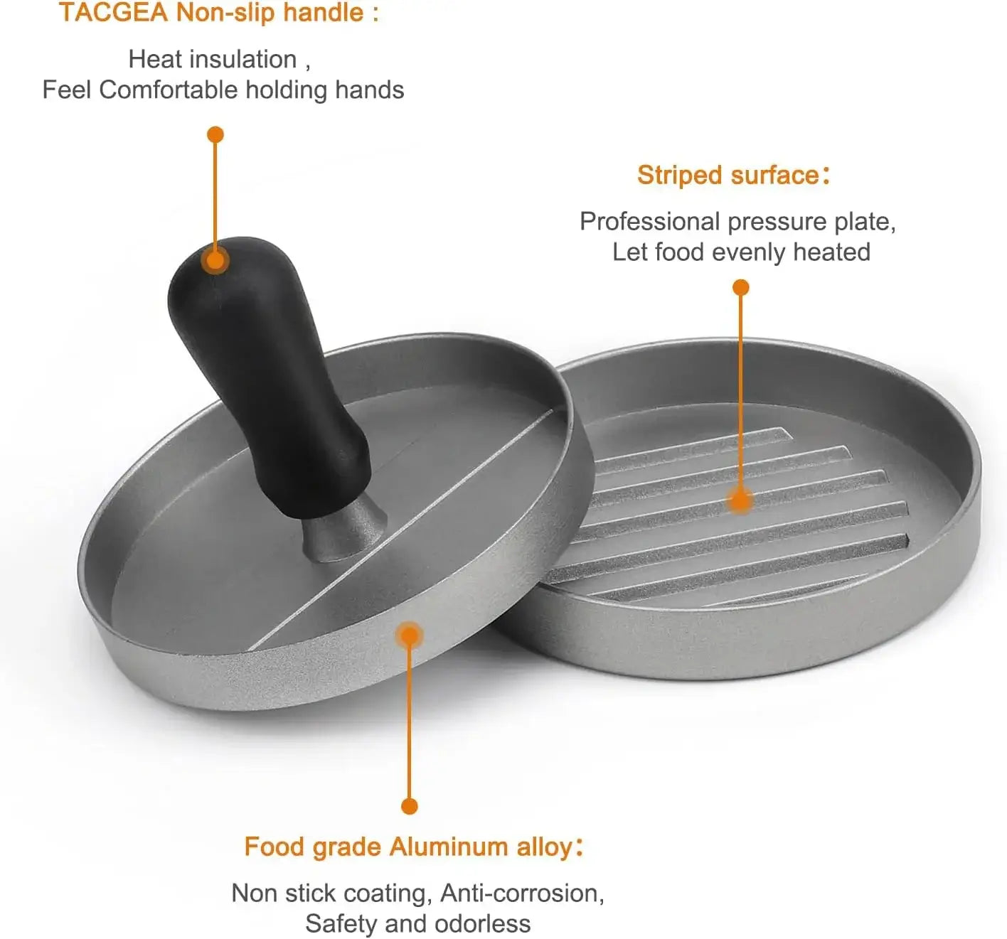 Burger press with non-slip handle and striped surface, made of food-grade aluminum for easy and safe patty making.
