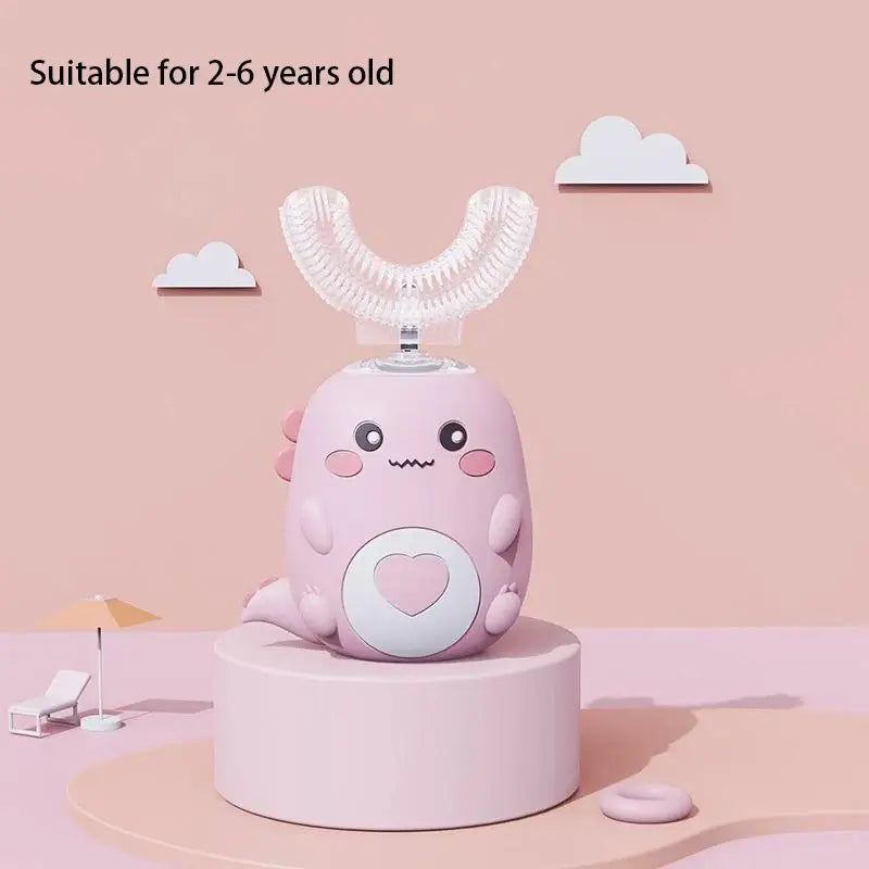 Kids U-shaped Sonic Electric Toothbrush in pink, ideal for ages 2-6, featuring a cute design and 360-degree brushing.