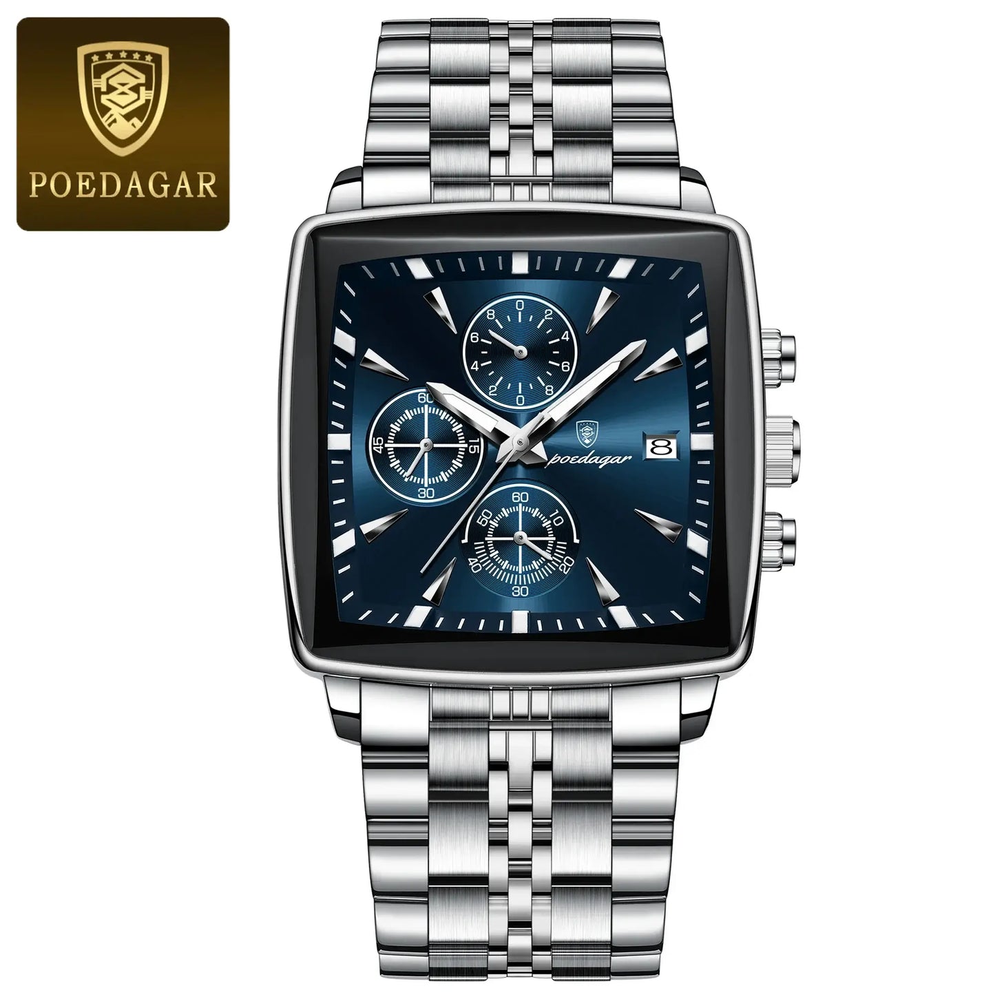 POEDAGAR luxury square chronograph men's wristwatch with stainless steel band and luminous features. Waterproof design.
