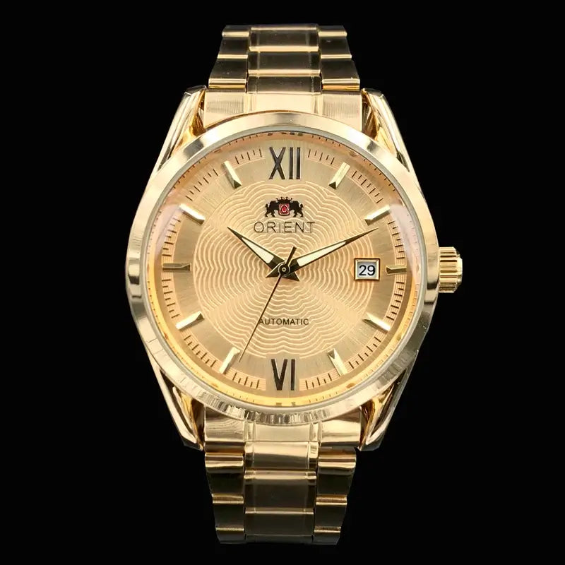 Orient automatic luxury men's watch in gold with multi-function design and tourbillon feature.