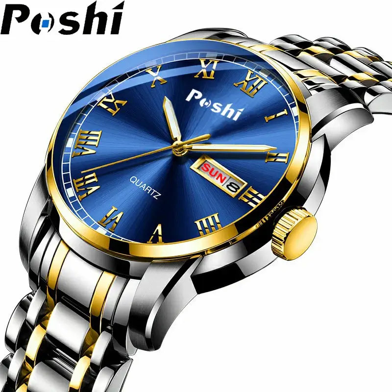 POSHI luxury waterproof men watch with blue dial, stainless steel band, and luminous features.