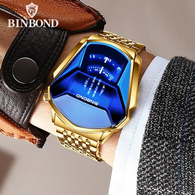 BINBOND men's luxury quartz watch with blue dial and gold stainless steel band, perfect for fashion enthusiasts.