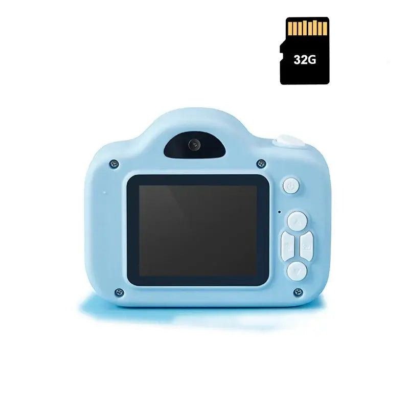 Kids digital camera in blue, featuring a color display and buttons, perfect for children’s photography.