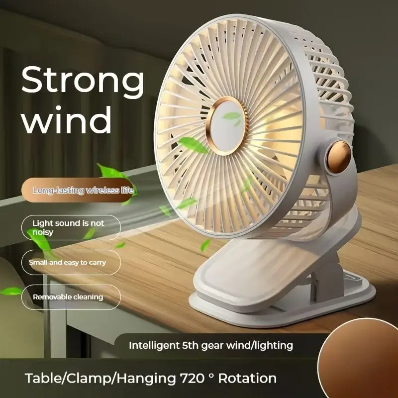 360° Rotatable Portable Clip-On Fan with 5-Speed Settings, USB Charging, and LED Light for Quiet Home Use.
