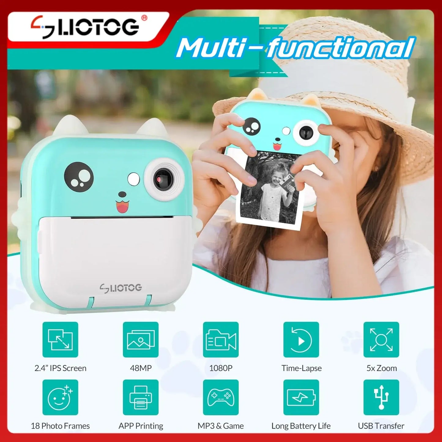 Kids instant print camera with 1080P HD, thermal printing, and 2.4-inch IPS screen, perfect for creative play and memorable gifts.