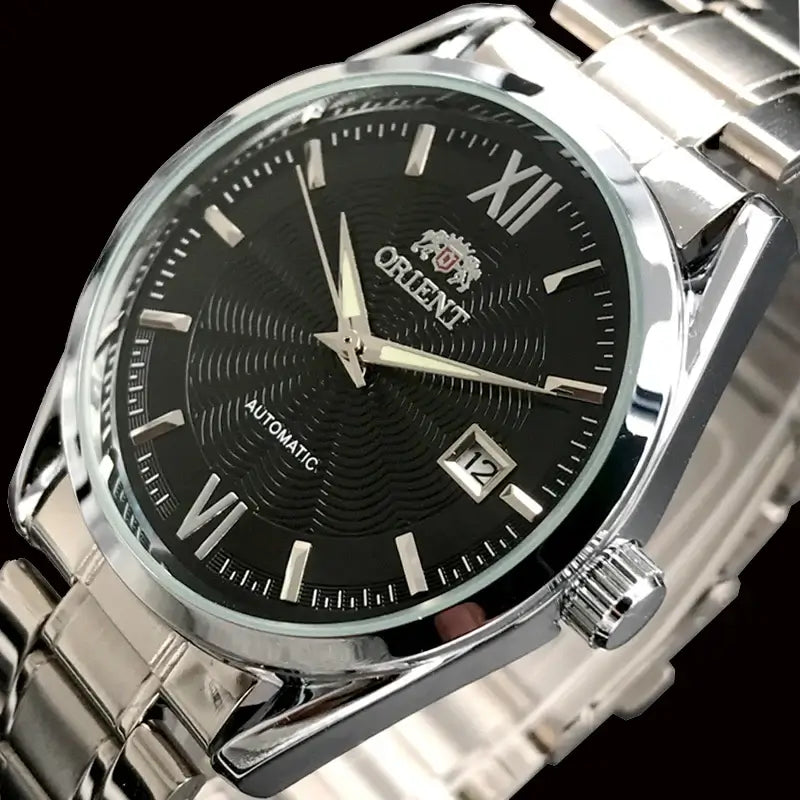 Orient luxury automatic mechanical watch with stainless steel band and black dial, featuring a classic tourbillon design.