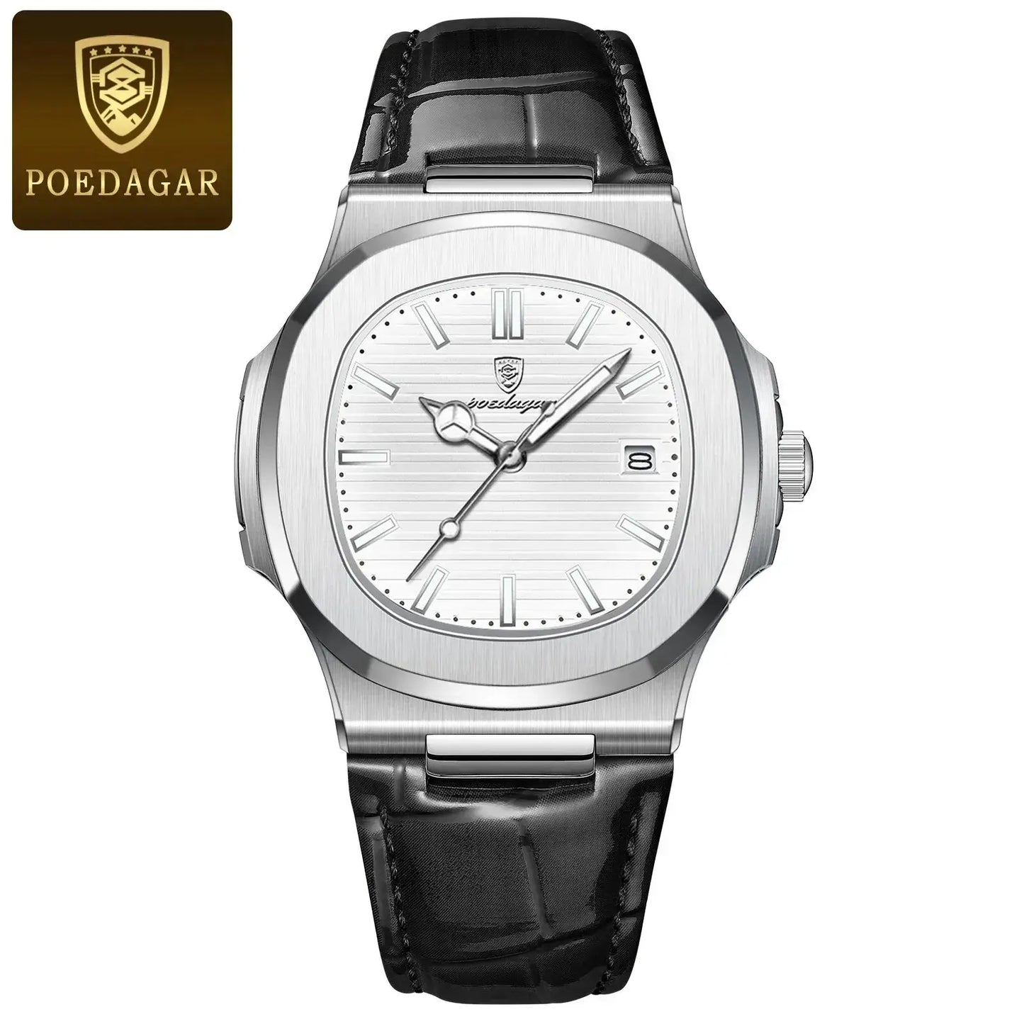 POEDAGAR luxury men's quartz watch with leather strap, waterproof, luminous features and date display.
