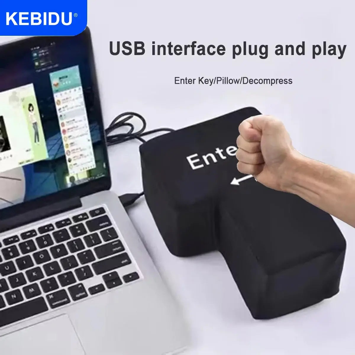 USB Enter Key Mouse anti-stress decompression pillow connected to laptop, ideal for reducing stress at work.