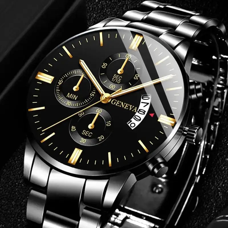 Luxury black stainless steel watch with complete calendar and quartz movement, featuring a hardlex dial and sophisticated design.