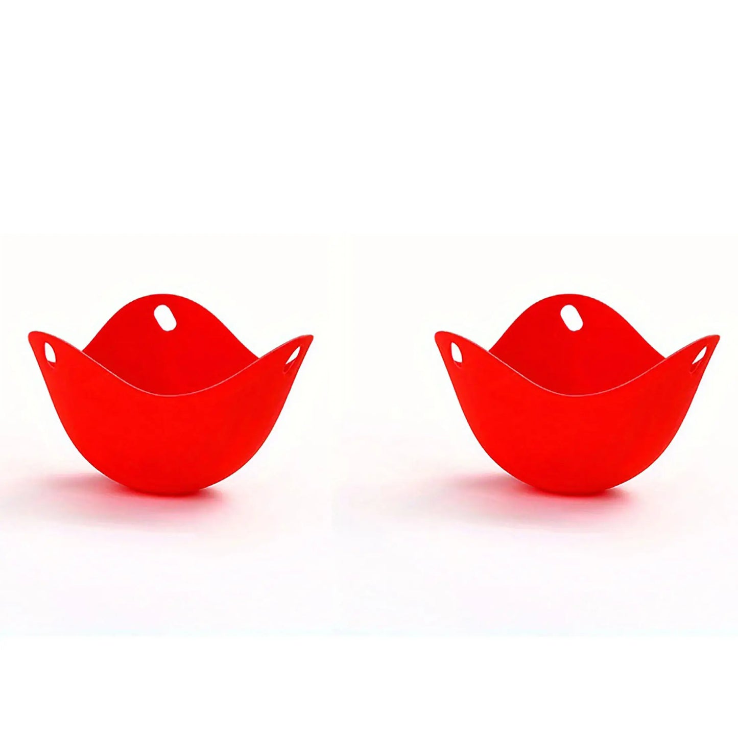 Red silicone egg poacher cups for microwave, air fryer, and stovetop cooking.