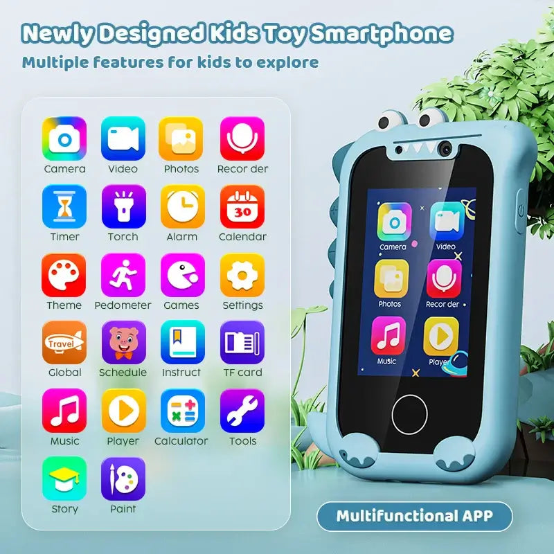 Kids toy smartphone with colorful app icons for learning, featuring camera, video, games, and educational tools for children.