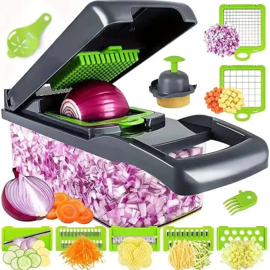 14-in-1 multifunctional vegetable chopper with onion, various cutting tools, and diced vegetables for easy food prep.