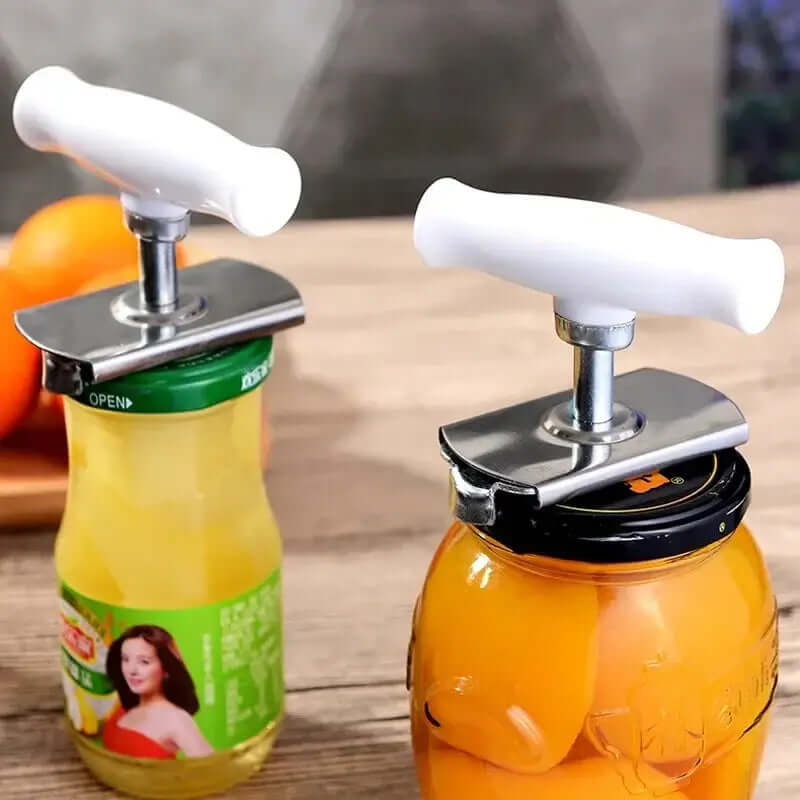 Adjustable multi-function bottle cap opener on jars and bottles, showcasing its ergonomic design and ease of use.