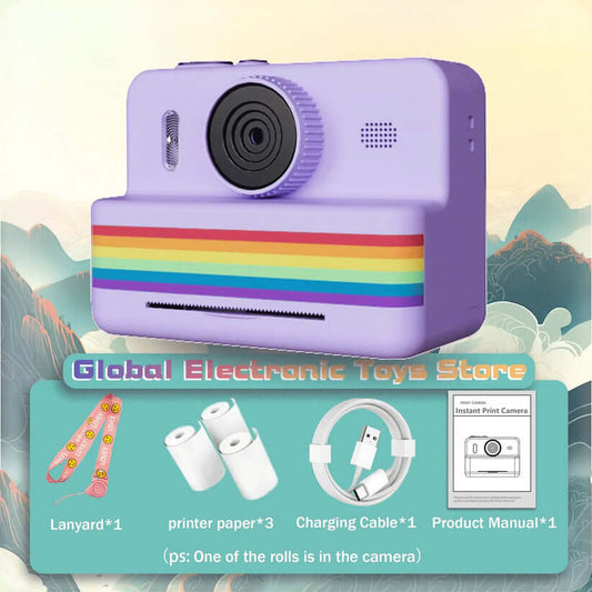 Purple instant print camera with rainbow stripe, includes accessories like printer paper and charging cable.