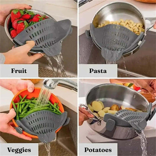 Adjustable clip-on strainer in use, draining fruits, pasta, veggies, and potatoes in different bowls.