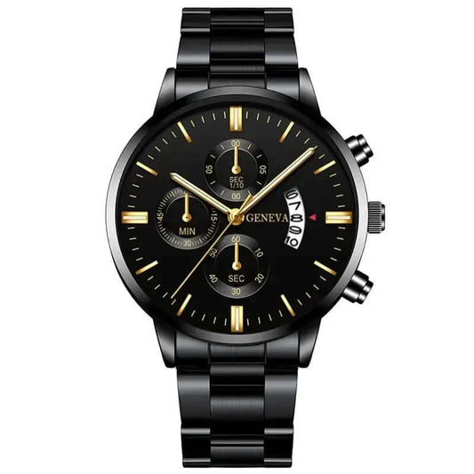 Stylish men's watch with a black stainless steel band and sleek design, featuring calendar and quartz movement.