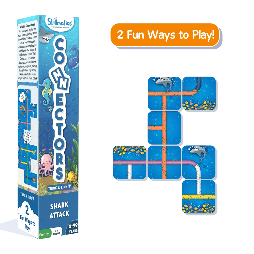 Skillmatics Connectors Shark Attack game box and puzzle pieces for ages 6+, featuring fun ocean theme and two play modes.