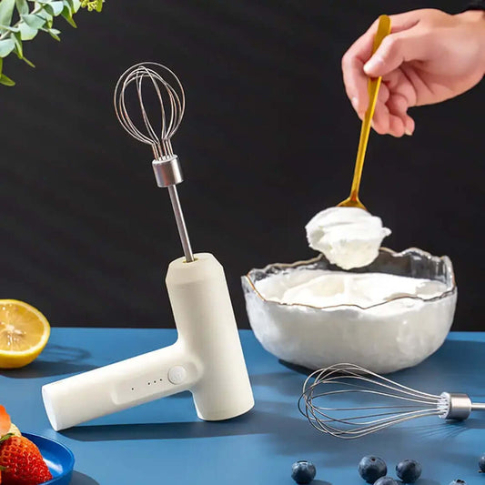 Sweet Dreams Family Wireless Electric Food Mixer on a kitchen table with whipped cream and fresh fruits.