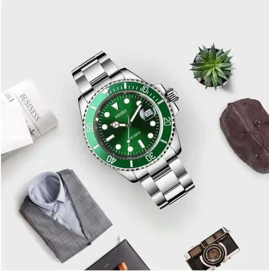 Men's luxury sports watch with green dial and stainless steel bracelet, perfect for Valentine's Day gifting.