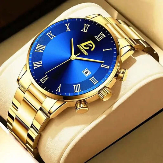 Men's gold stainless steel watch with blue dial and Roman numeral markers, showcased in elegant presentation box.