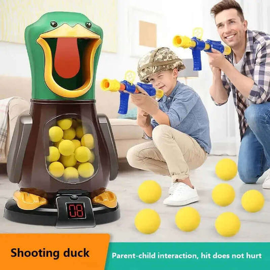 Family playing with shooting duck game featuring soft balls and electronic scoring system for fun competition.