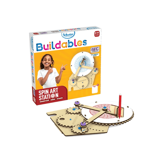 Buildables Spin Art Station kit showcasing construction gears and a child engaging in STEM creativity.