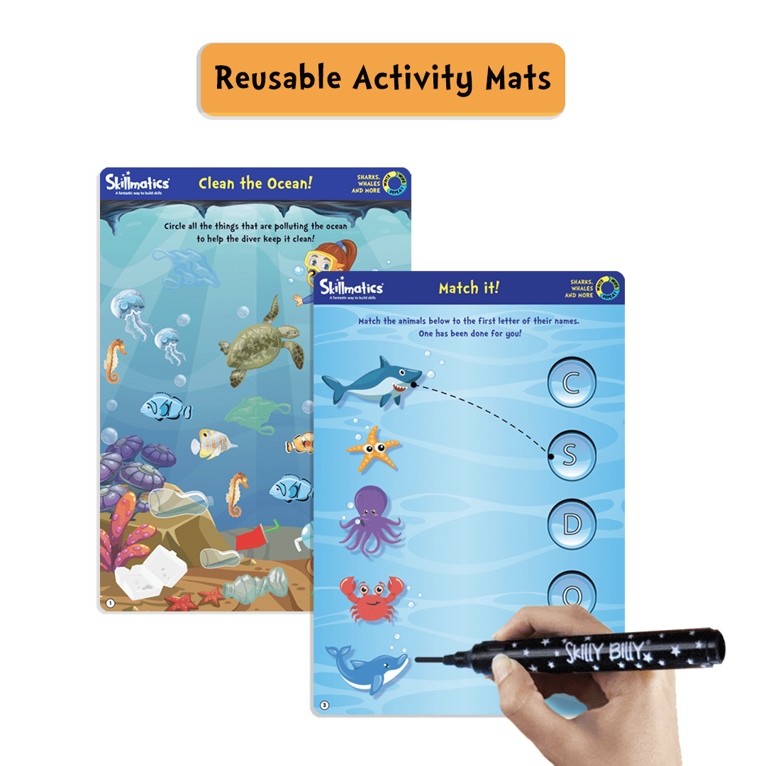 Skillmatics Educational Game Sharks, Whales & More | Gift, Travel Toy & Learning Tool for Kids Ages 3-6, Reusable Activity Mats with Dry Erase Marker