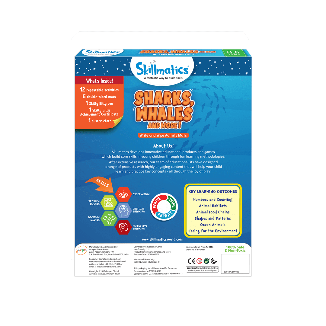 Skillmatics Educational Game Sharks, Whales & More | Gift, Travel Toy & Learning Tool for Kids Ages 3-6, Reusable Activity Mats with Dry Erase Marker