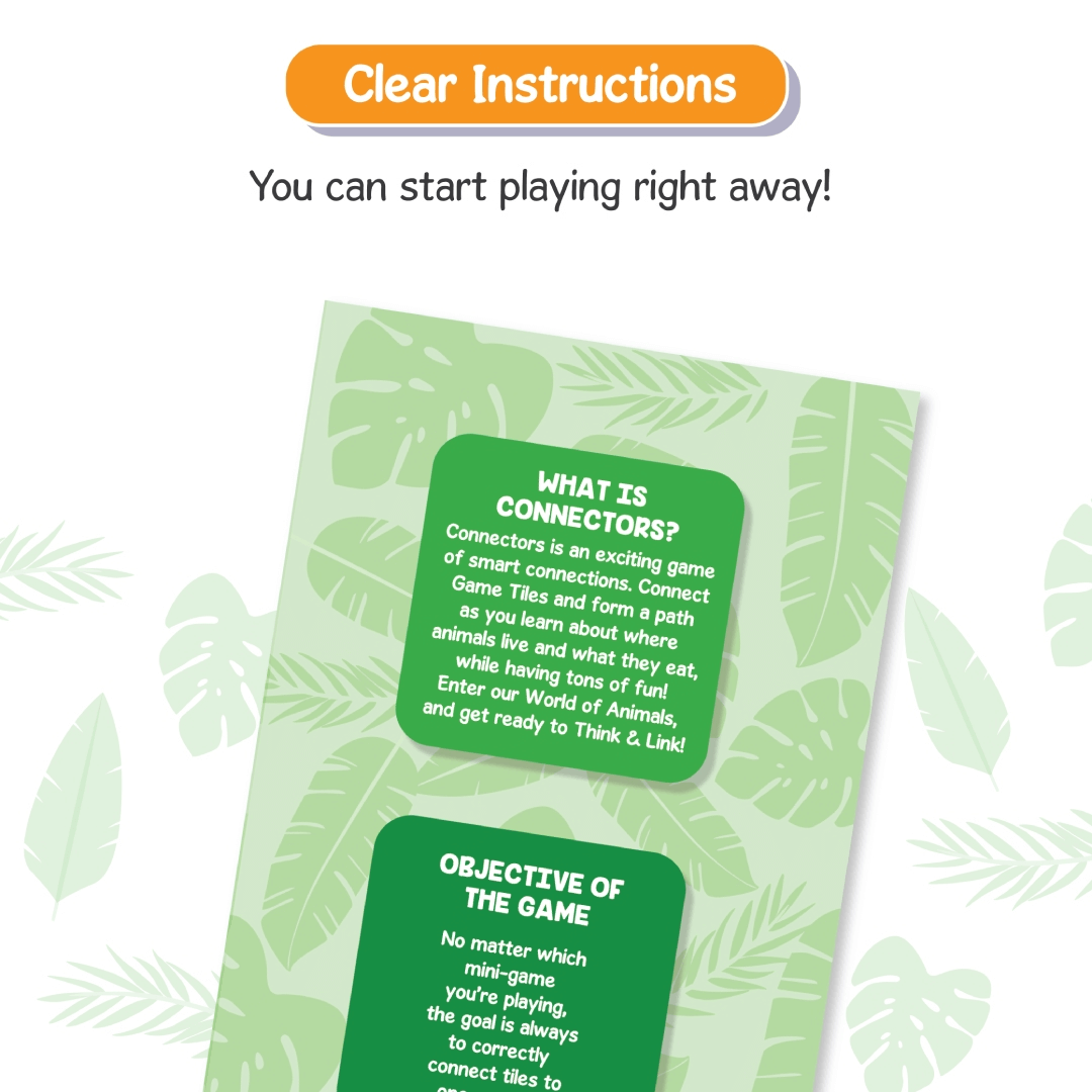 Skillmatics Connectors game instructions with leaf design background, emphasizing easy and fun learning for kids ages 3-6.