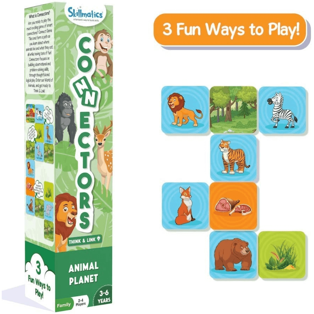 Skillmatics Connectors Animal Planet game box and tiles with animals for kids ages 3-6, fun educational game for family nights.