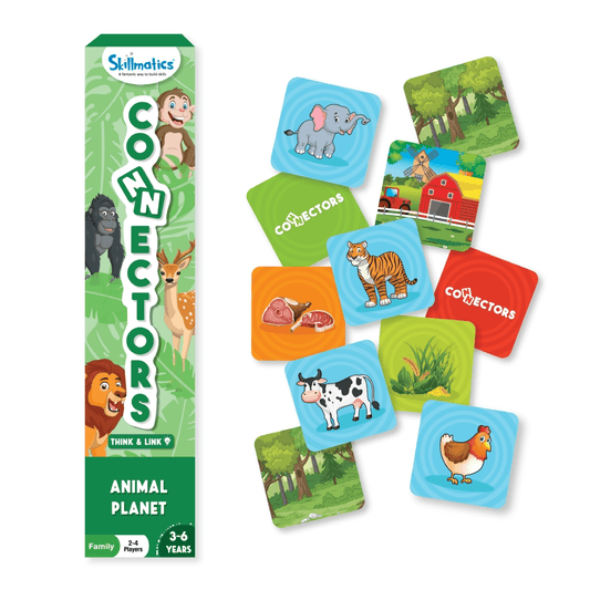 Skillmatics Connectors Animal Planet game box and animal tiles for ages 3-6, featuring fun educational gameplay.