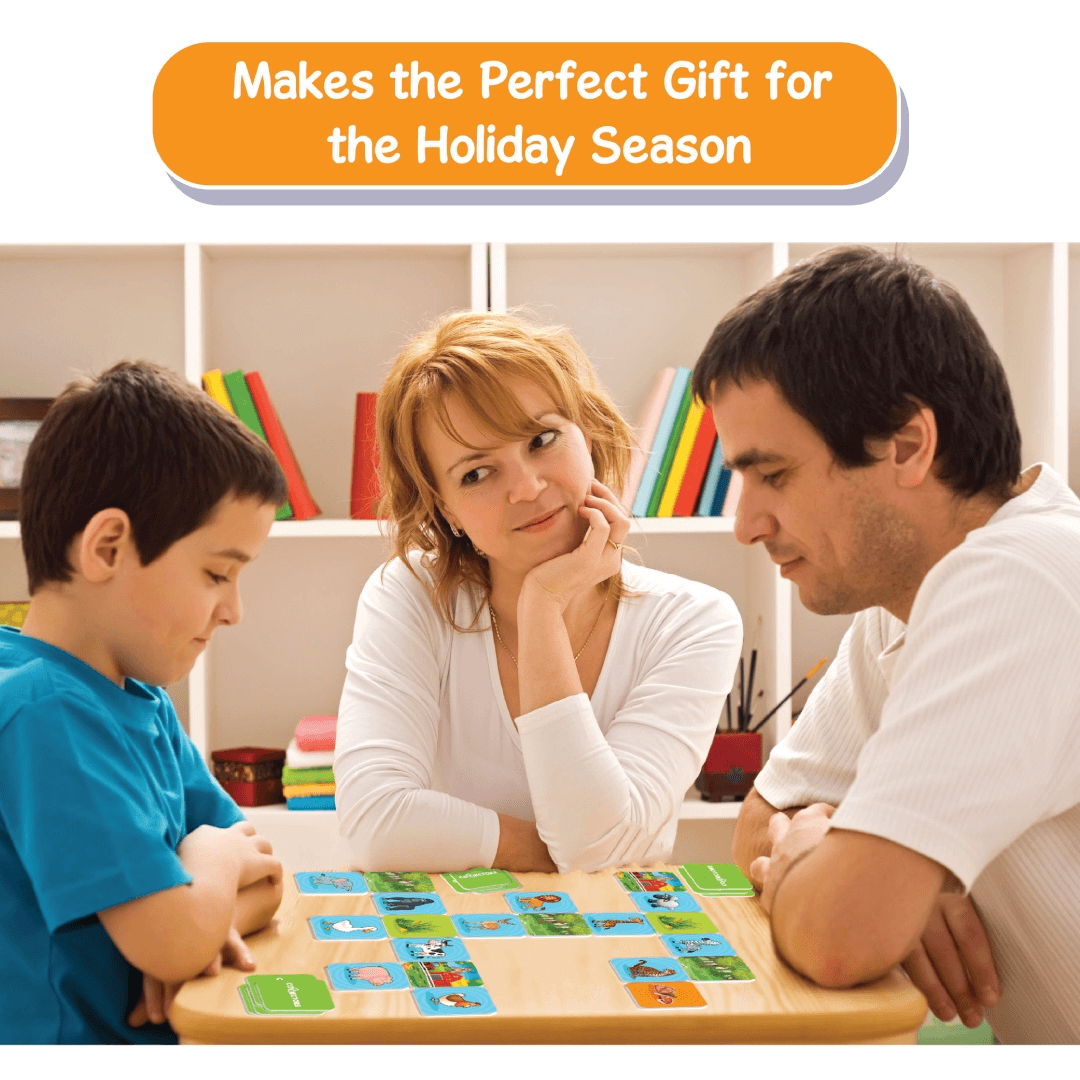 Family playing Skillmatics Connectors Animal Planet game together, perfect gift for kids ages 3-6, holiday fun and learning.