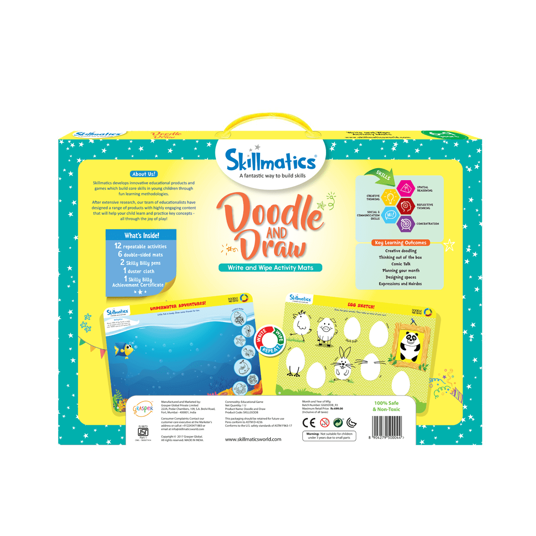 Skillmatics Educational Game Doodle and Draw box back showing reusable activity mats, markers, and key learning outcomes for ages 6-9