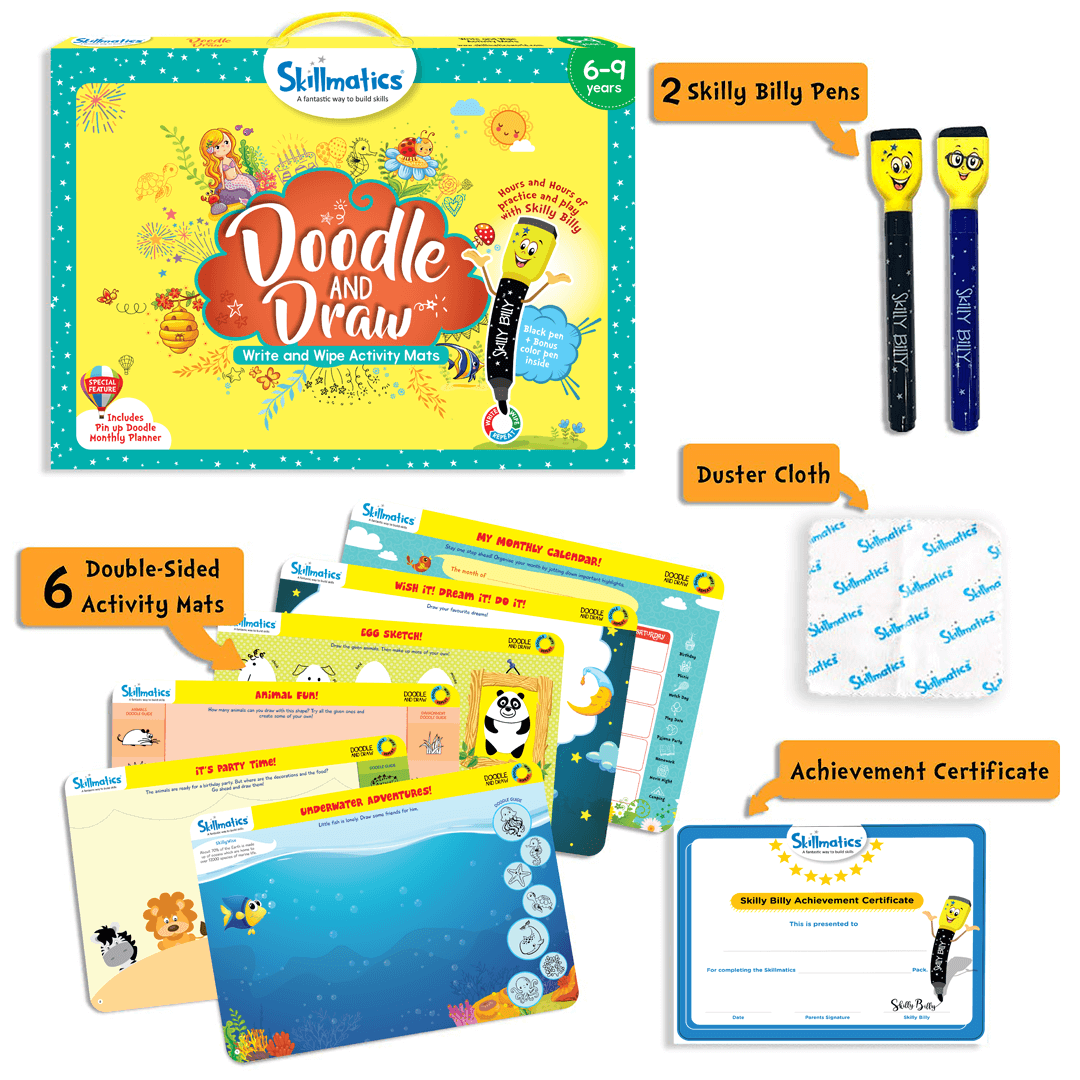 Skillmatics Doodle and Draw game with reusable activity mats, dry erase markers, duster cloth, and achievement certificate for kids 6-9.