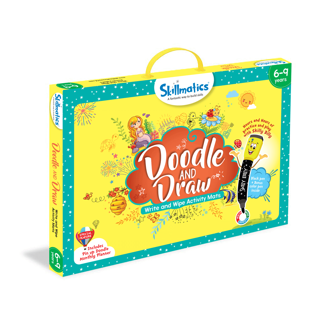 Skillmatics Doodle and Draw educational game box for ages 6-9 with reusable activity mats and dry erase markers.