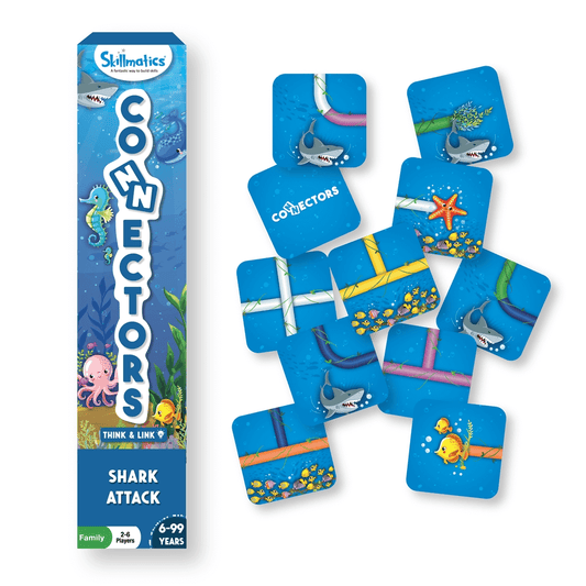 Skillmatics Connectors Shark Attack educational game for ages 6-99 with game tiles and box showcasing underwater theme.