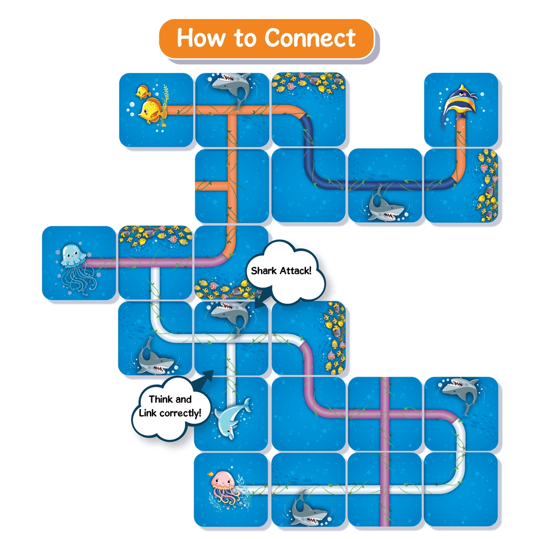 "Skillmatics Connectors Shark Attack game tiles showing how to connect paths underwater for ages 6 and up"