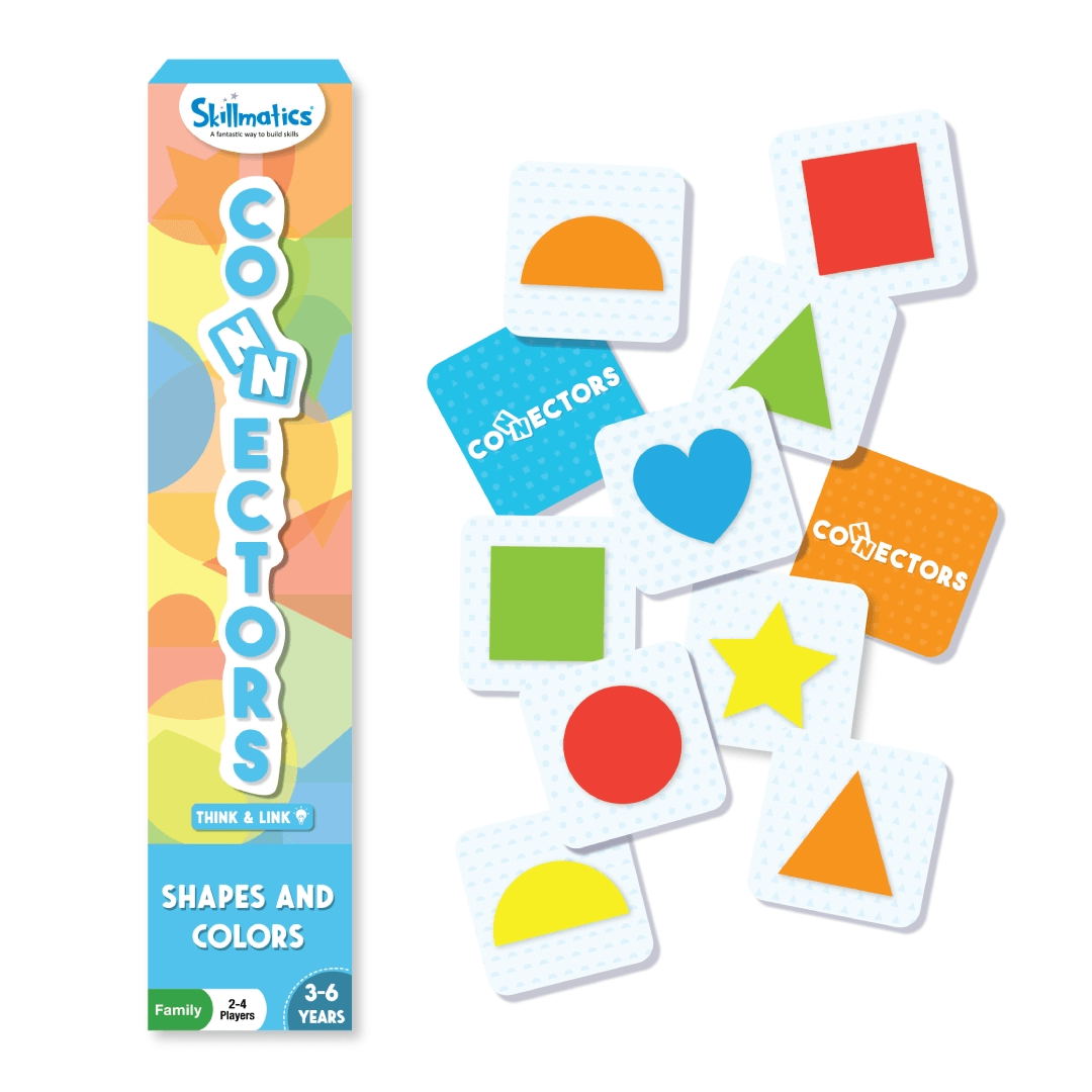 Skillmatics Connectors game box and tiles featuring colorful shapes for kids ages 3-6, perfect for travel and family game night.