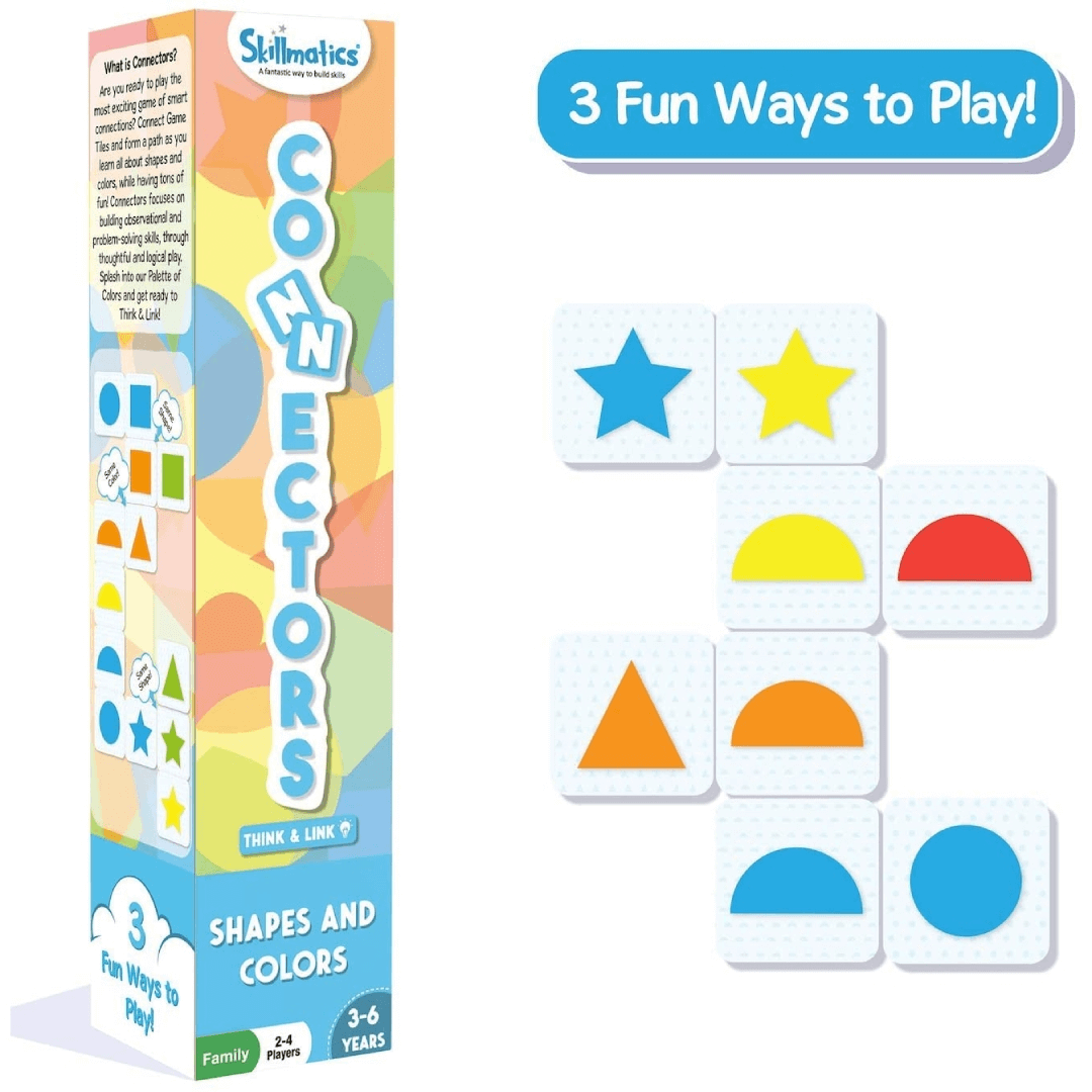 Skillmatics Connectors game box and tiles with shapes and colors for kids aged 3-6, featuring fun educational gameplay options.